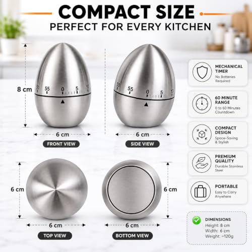 Image of KRESHU Stainless Steel Egg Kitchen Timer, Mechanical 60 Minute Pomodoro | For Cooking and Baking, Compact Manual Stopwatch, for Home and Office