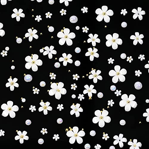 White Flower Nail Charms For Acrylic Nails, 3D Acrylic Flowers With Nail Rhinestones Pearls 12Grids Spring Cherry Blossom Nail Art Supplies Manicure Diy Nail Art Decorations For Women Girls #TOP2