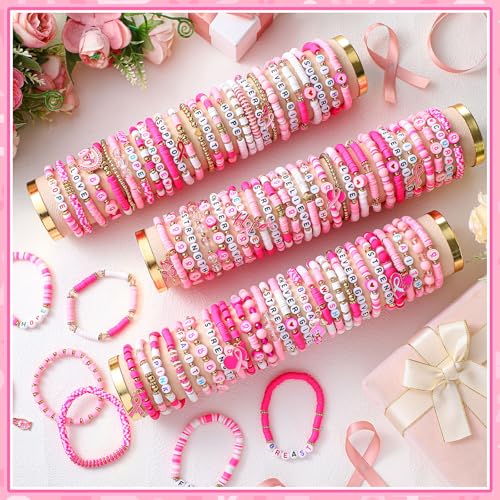 96 Pieces Pink Ribbon Breast Cancer Awareness Bracelet for Women Adjustable Hope Fight Courage Bracelets Bulk Ribbon Beaded Bracelets Set for Woman Gift Party Favors4
