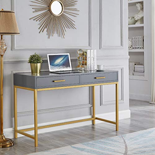 24KF Modern 2 Drawers Stylish Home Office Desk with Lacquer Finish Golden Metal Base,Console Table- Gray/Golden