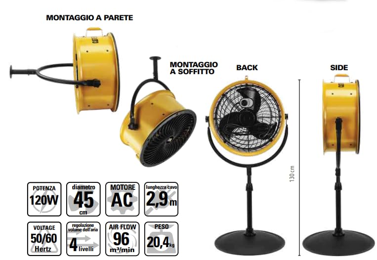 CFG CT008 Ventilatore Stand 4 in 1 da Pavimento, Parete e Soffitto HVPD-18AC Ø 45 cm CAT, Giallo