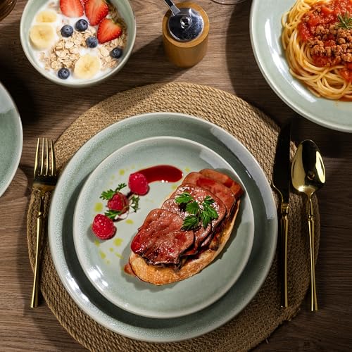 AmorArc Ceramic Dinnerware Sets for 6, 18 Pieces Handpainted Plates and Bowls Set, Scratch Resistant Stoneware Dishes Set, Dishwasher & Microwave Safe, Olive Green