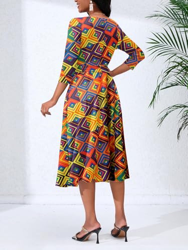 Image of PerZeal Women's Casual Dresses African Floral Print Dress Boho Chic 3 /4 Sleeve Cocktail Party Dress with Belted Bow Medium
