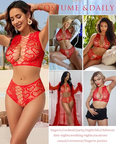 Image of Avidlove Womens Fishnet Lingerie Set Sexy Two Piece Lingeries Hollow Out Stripper Outfit Heart Print Mesh Crop Tops