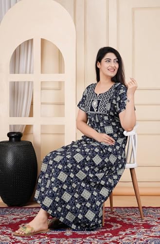 Image of DIAMO Pure Cotton Embroidery Nighty for Women, Night Gown for Woman, Cotton Nighty for Women, Maxi Night Gown Nighty with a Pocket and Adjustable Knot (Free Size)