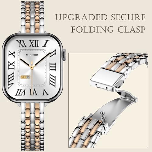 Image of Slim Metal Bands for Apple Watch 38mm 40mm 41mm 42mm(Series 11 /10) | Thin Shiny Stainless Steel Strap Bands for Women, Fit iWatch Series 11 10 9 8 7 6 5 4 3 2 1 SE3 SE2 SE, Silver /Rose Gold