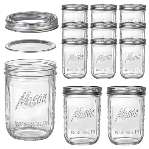 WELLIFE 12 Pack 16 oz Mason Jars with Lids Wide Mouth Glass Canning Jars Airtight Leak-Proof Storage Jars for Food Pickling Fermenting