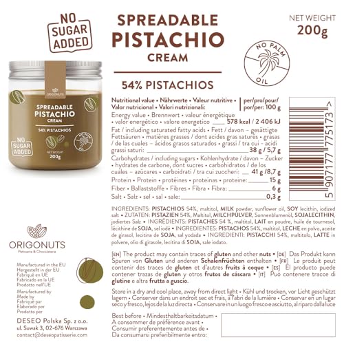 ORIGONUTS Pistaziencreme ohne Zuckerzusatz 200 g mit 54% Pistazien Aufstrich Süß Pistazienmus Streichfähige Pistazien Creme Perfekt für Krapfen Käsekuchen Croissant Desserts Brotaufstrich ohne Palmöl