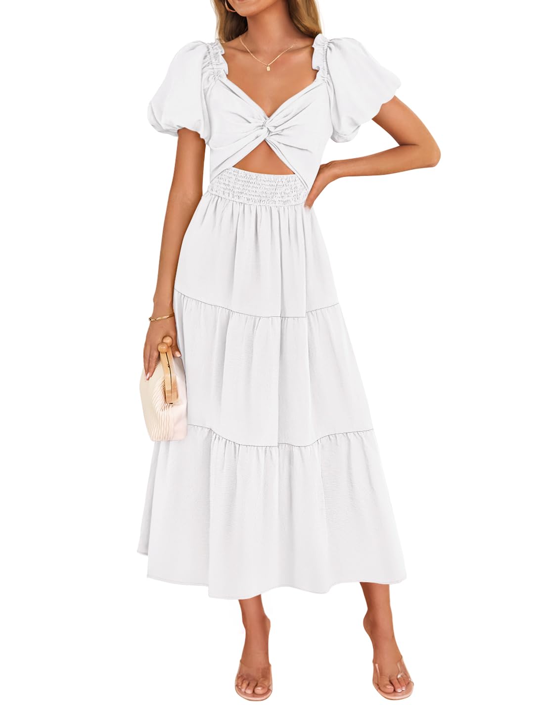 Photo 1 of ZESICA Womens Summer Casual Flowy Vacation Maxi Dress 2026 Short Puff Sleeve A Line Smocked Cutout Beach Party Dresses,White,Small