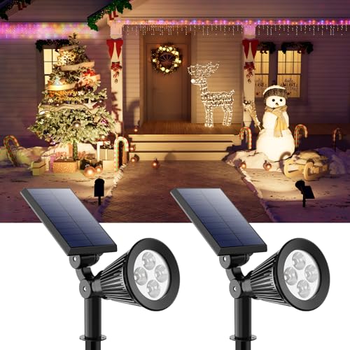 2 Pack Solar Spotlights Outdoor Waterproof for Christmas Hanging, Tree, Wreaths, Snowman, Elk, Adjustable Panel Solar Power Landscape Uplights for Outside Garden, Backyard, Patio, Sidewalk,Warm White