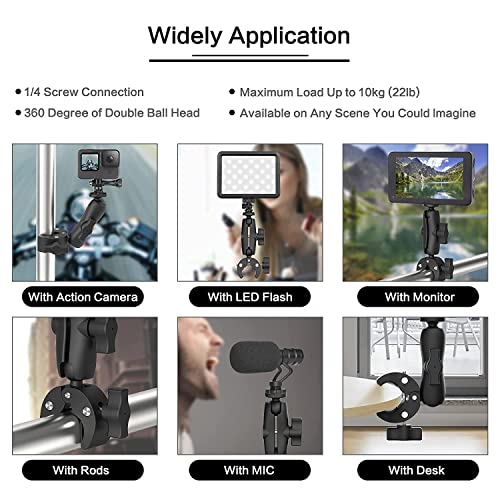 Image of Action Pro Super Camera Clamp Mount Double Socket Arm 1 /4 inch-20 Ball Head Adapter Compatible with GoPro AKASO DJI Action Insta360 DSLR Digital Camera Monitor /LED Lights
