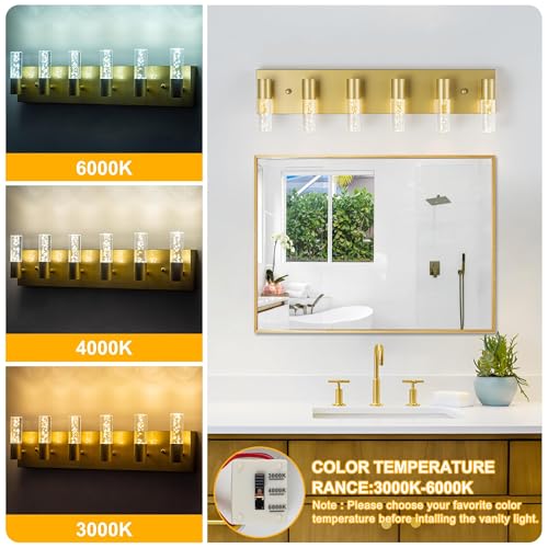 Image of Bathroom Vanity Light Fixtures Over Mirror, Brushed Golden Finish Coating, 6 Light Wall Sconces for Bathroom