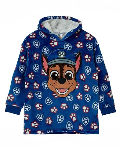 Paw Patrol Boys Wearable Hooded Blanket | Kids Blue Chase the Police Dog All Over Print Fleece Hoodie | Pullover Loungewear