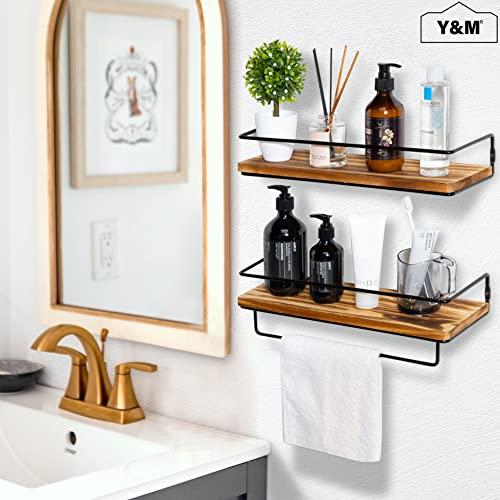 Y&M Floating Shelves Bathroom With Removable Towel Rack, Rustic Wall Mounted Storage Shelf For Bedroom, Office, Kitchen, Entryway Decor, Carbonized Pine Wood Board, Black Metal Frame - Set Of 2 #TOP1