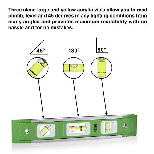 Wilfiks Torpedo Level, 9” Inch Leveling Tool With Magnetic Shock Resistant, Aluminum Alloy Leveler With 3 Different High Visibility Vials, Include 45, 90, 180 Degrees Angles, And Overhead Viewing Slot #TOP2