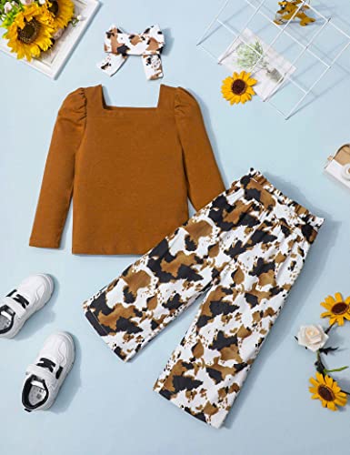 Image of Girl Clothes, Toddler Girl Clothes Square Neck Puff Long Sleeve Top Striped Pants Headband 3Pcs Fall Clothes Set