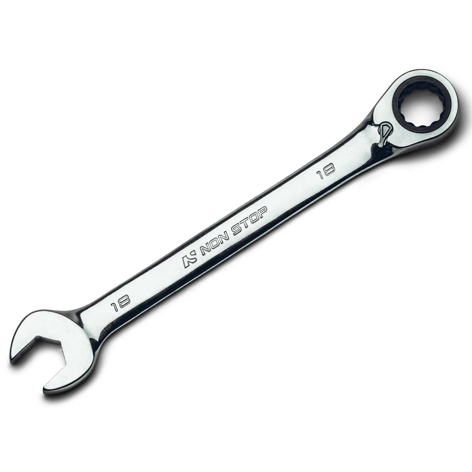 Non Stop 18 mm Ultrafine 120-Tooth Reversible Ratcheting Combination Wrench, Chrome