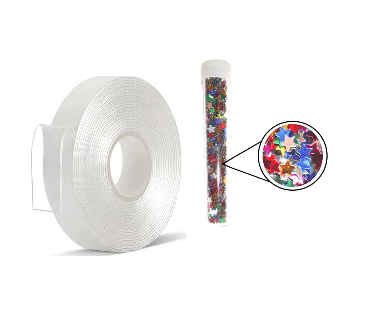 VOIISH Double Sided Grip Tape 3 Meter Washable Reusable Heavy-Duty Multipurpose With Multicolor Glitter Stars Moon & Heart Shapes for balloon (Pack of 1)
