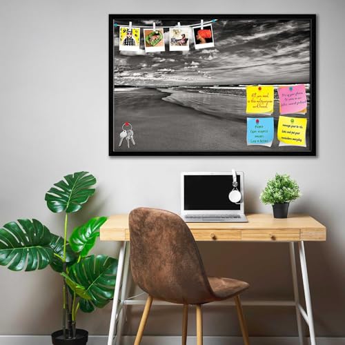 Image of ArtzFolio Sea, Air, & Land Monochrome Contrast | Bulletin Board Notice Pin Board | Vision Soft Board Combo with Thumb Push Pins & Sticky Notes | Black Frame | 23.5 x 16 inch (60 x 41 cms)