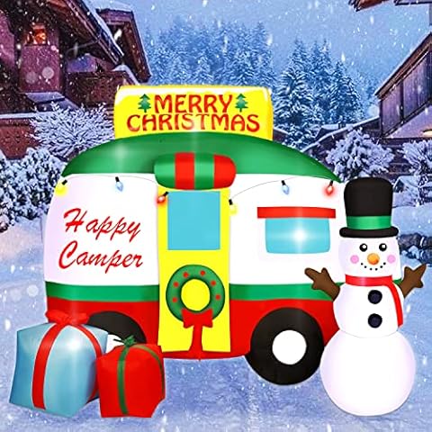 ATDAWN 7 ft Christmas Inflatable RV with Snowman, Christmas Wreath and Gift Boxes, Blow Up Lighted Yard Decoration, Inflatable Christmas Holiday Outdoor Lawn Yard Garden Decorations Cover