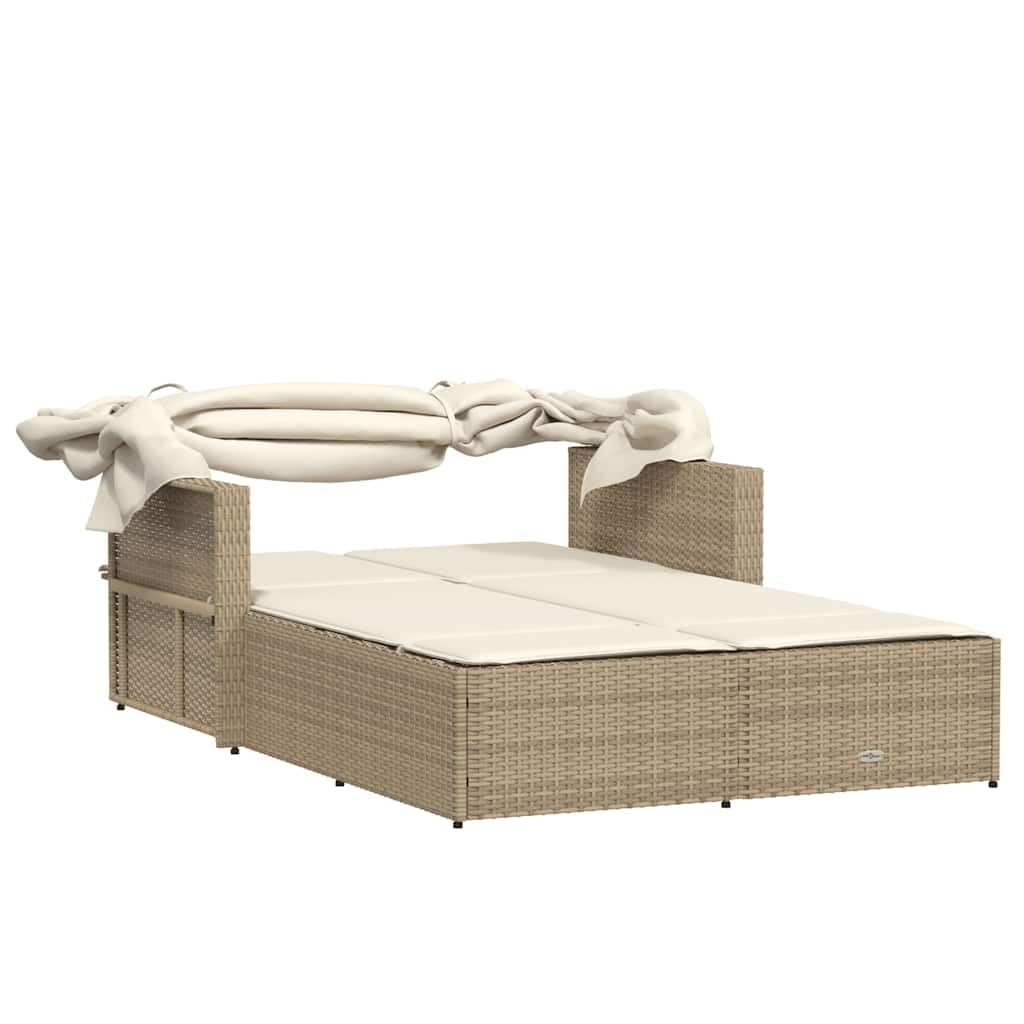Chaise longue double avec toit pare-soleil en polyrotin - Beige