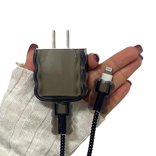 Cute Cable Protector for iPhone 18W/20W USB-C Charger,Classic Black Charging Cord Protector,Soft Clear Wave Shape TPU Charging Protector Cover,Wire Cord Saver,Phone Cord Protector for iPhone Charger