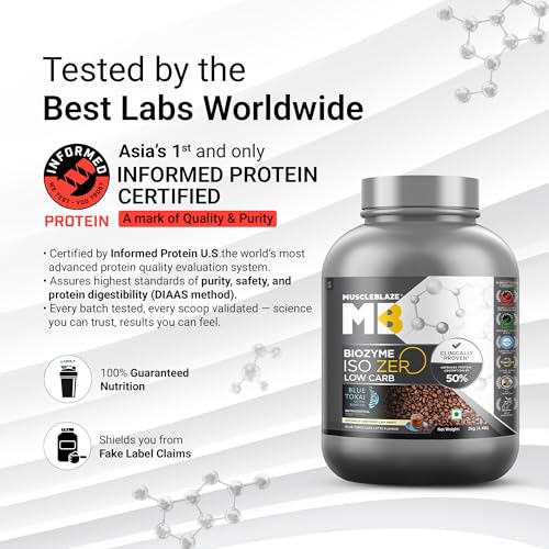 Image of MuscleBlaze Biozyme Iso-Zero, Low Carb Whey Protein Isolate Powder, Blue Tokai Cafe Latte (2kg / 4.4lbs) | 27g Isolate Whey Per Scoop | USA Patent-Published Enhanced Absorption Formula (EAF)