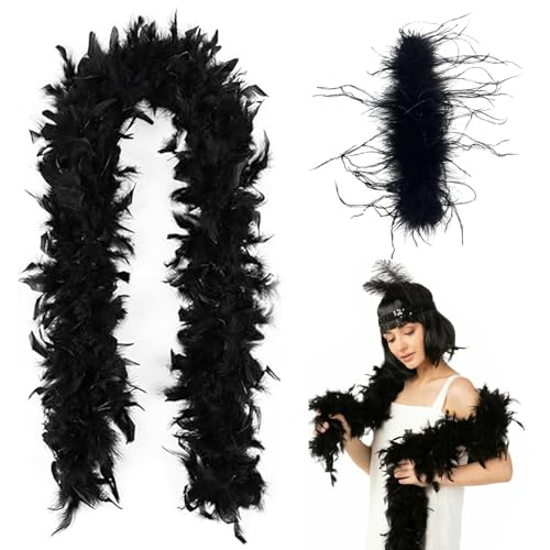 TenaLucy 2 Stück 20er Jahre Accessoires Boa, Kostüme für Erwachsene Federboa Schwarz, 20er Jahre Accessoires Damen Schwarze Federn, Schwarze...