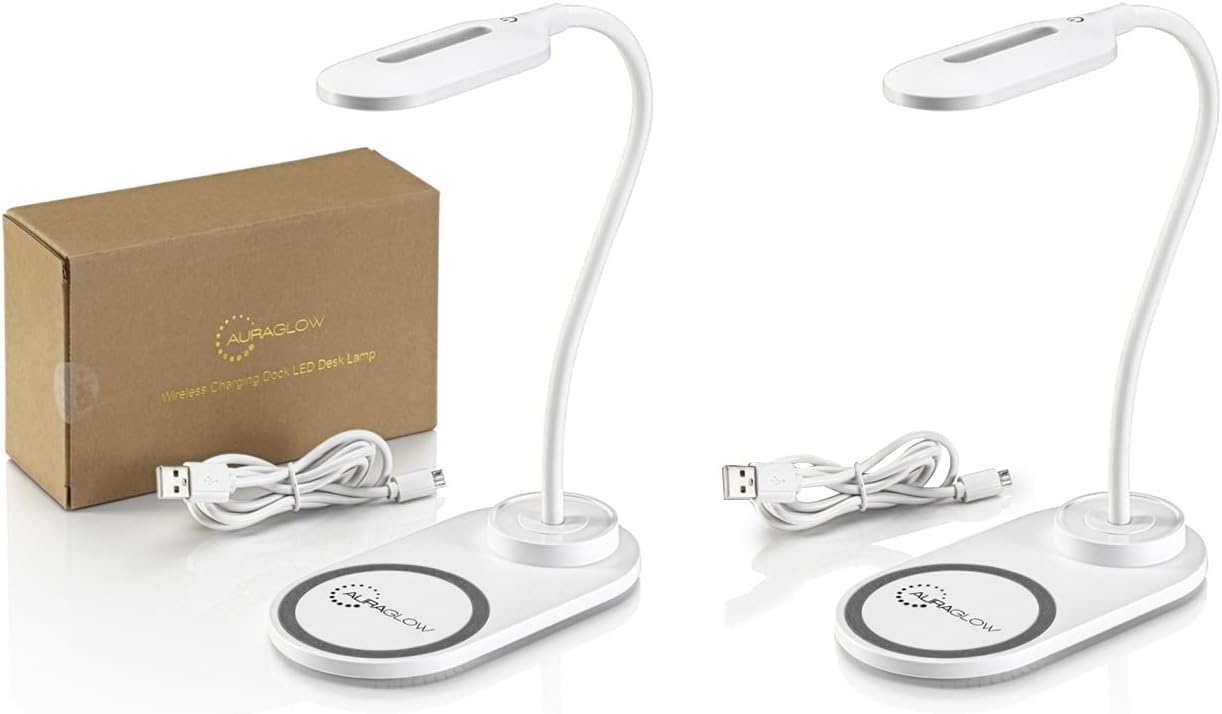 Auraglow LED Flexible Neck Desk Lamp with 3 Colour Modes and 10W Wireless Smart Phone Qi Fast Charger - White (Two Pack)