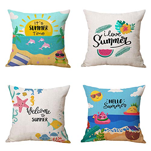 KALEFUL-Summer-Beach-Pillow-Covers-Tropical-Sunshine-Plant-Ocean-Throw-Pillowcase-2021-New-Summer-Decorations-Polyester-Linen-Cushion-Case-Home-Decor-18-x-18-Inch-Set-of-4 51I YaURmHL