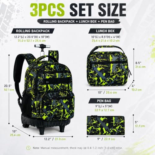Image of 3Pcs Rolling Backpack for Boys, Men Roller Bag with Wheels for Adults, 19 Inche Graffiti Wheeled Bookbag with Lunch Box(Green)