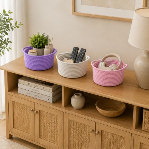 Image of Small Woven Cotton Rope Baskets with Handle, Set of 3, Purple | Boho Round Design, Bathroom Organizer, Safe for Kids & Pets, Chemical-Free Cotton, Multi-Room Storage