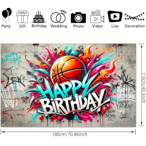 Image of BlissYard Graffiti Basketball Birthday Banner 71x43 Inch Street Art Spray Paint Sports Ball Theme Decor Banner Party Atmosphere Photography Background Indoor and Outdoor Celebration Event Decoration