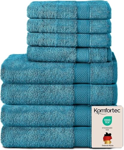 Komfortec Ensemble de Serviettes 8 Pièces, 4 Serviettes de Bain 70x140 cm et 4 Essuie-Mains 50x100 cm, 100% Coton, Turquoise
