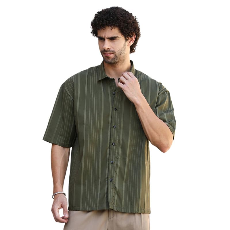 Image of CAHOOT Men's Oversized Shirt for Casual Wear | Cuban Collar | Short Regular Sleeves | Button Closure | Oversized Shirt Crafted with Comfort Fit for Everyday Wear