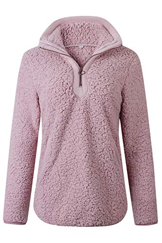 AQOTHES Womens Loose Casual Zipper Sherpa Fleece Pockets Pullover Sweatshirt for Women Pink