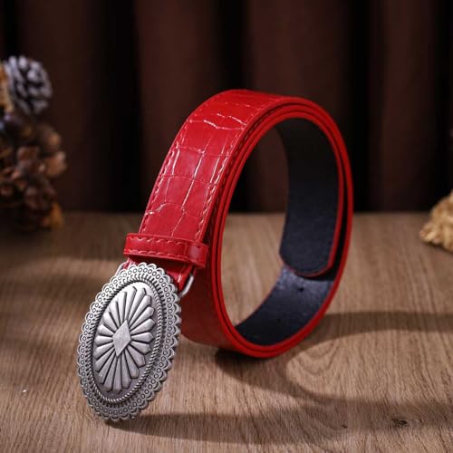 Yalice Women Red Leather Belt Silver Buckle Cowgirls Belts for Jeans Y2K Country Waist Belt for Ladies3