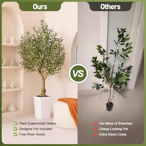 Artificial Olive Tree 6ft, Tall Fake Tree for Indoor & Outdoor Decor with Black Pot & Pebbles, UV Resistant Silk Leaves, Realistic Faux Potted Plant for Living Room,Office,Home Decor,VN137 - Image 4