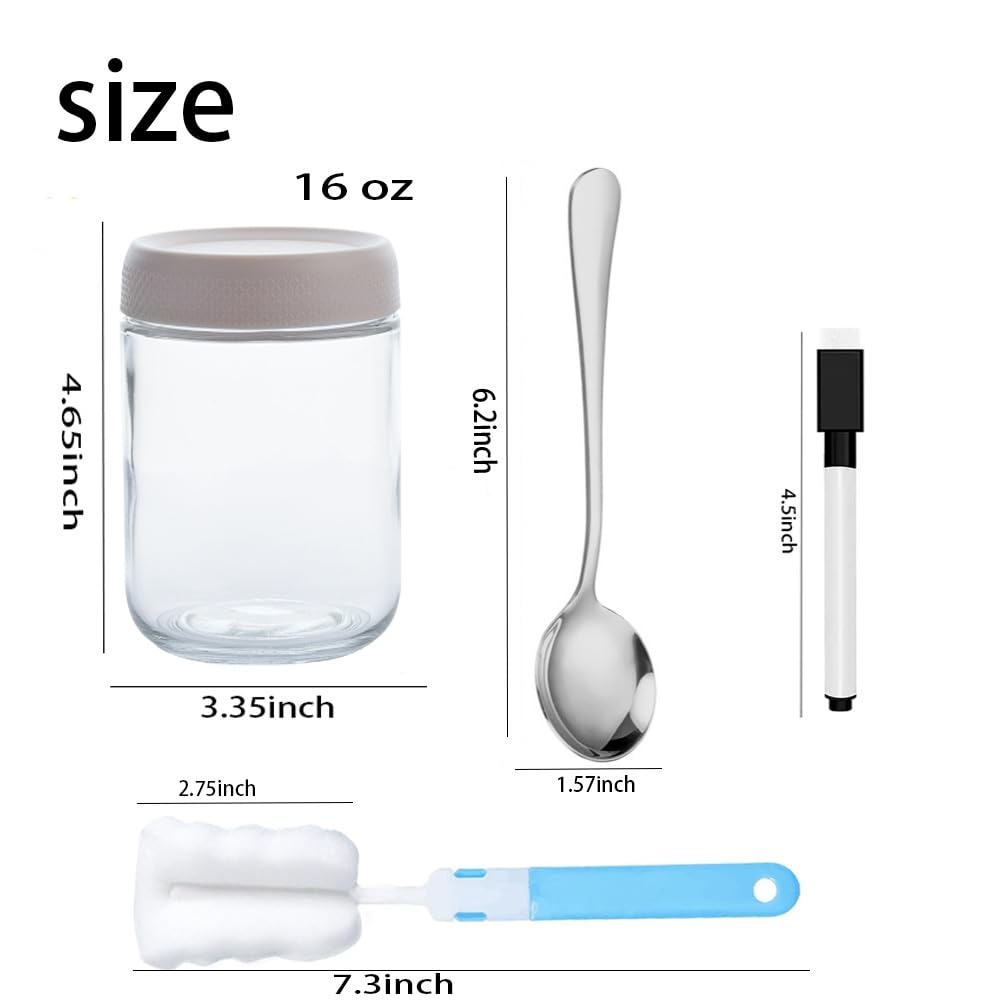 Recipientes de vidrio para avena nocturna, paquete de 6 tarros Mason de boca ancha de 16 onzas con 6 tapas herméticas, 6 cucharas, un marcador y un cepillo para almacenamiento de frutas,