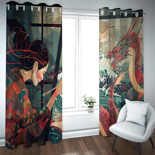 CHERHERART Cortinas japonesas de Estilo Ukiyo e dragón dominante Anime Chica Semi-Opaca Paneles de Ventana para Sala de Juegos y Estudio 2 Paneles 2xB117xH138