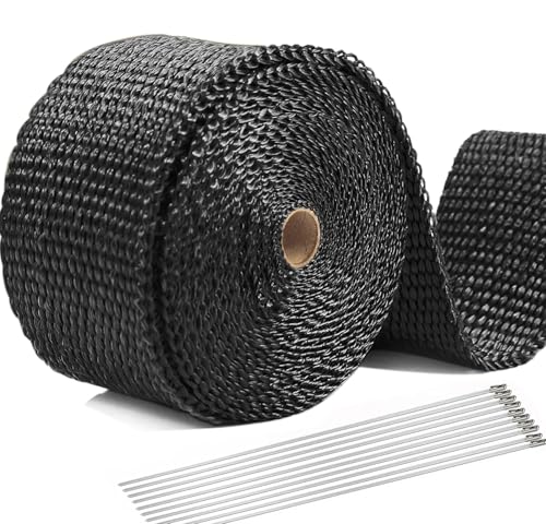 Foneso エキゾーストバンド 黒色 グラスファイバー製 15M、オートバイ エキゾーストマニホールド用 耐熱バンド、ステンレス製結束バンド12本付き