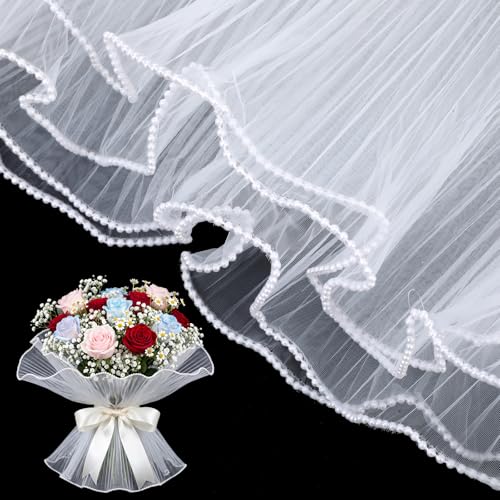 Matwsec 2PCS Pearl Edge Flower Wrapping Paper for Bouquets 4 Yards Mesh Bouquet Wrapping Paper Wrinkled Packaging for Party Favor Decor Florist Supply Wedding Gift Packaging Mothers Day White