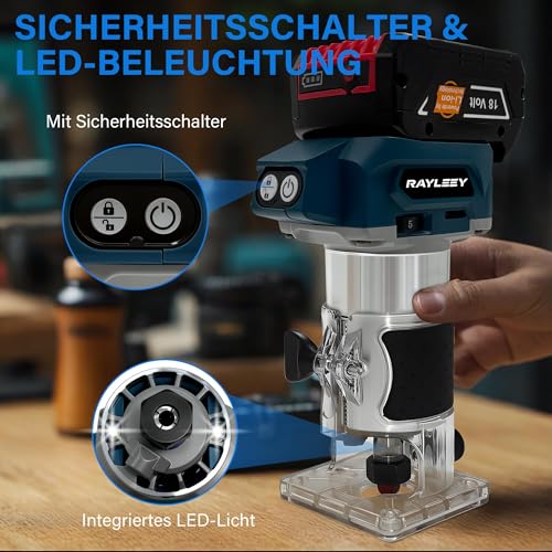 Akku Oberfräse für Bosch Professional 18V System, 800W Akku-Kantenfräse Set mit 5 Geschwindigkeit, 30000 U/min Bürstenloser Multifunktionsfräse Handfräser mit 15 Stück 1/4\ Fräser Set(Ohne Akku)
