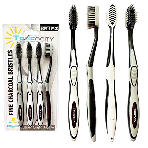 Trueocity Extra Soft Charcoal Toothbrush (4 Pack) White & Gray 2 in 1 Tooth Brush & Tongue Scraper; Fine & Gentle CrossAction Flossing Bristles Helps Prevent Gingivitis & Perio for a Complete Cleaning
