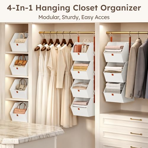 Image of Homsorout Hanging Closet Organizer 4 Tier - Clothes Hanging Shelves, Space-Saving Closet System, Fabric Storage Bins Bedroom Organization, Collapsible Baskets for Home, Dorm, Rv, White