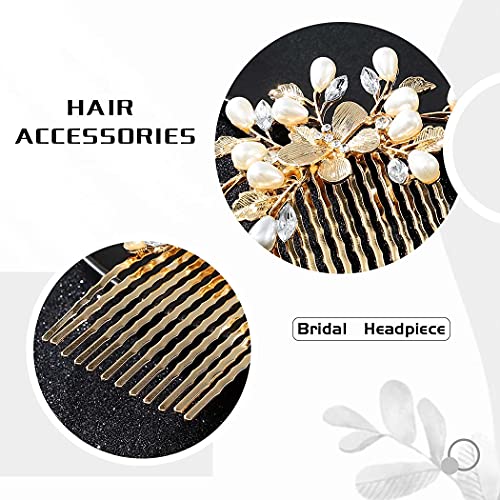 Runmi Braut-Haarkämme, goldfarben, mit Perlen, Braut-Haarschmuck, Blatt-Haarteil für Damen und Mädchen (Gold)
