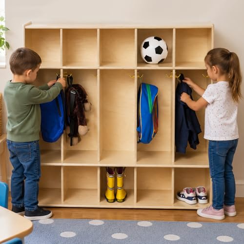 Image of Contender 5-Section Coat Locker with Bench & Cubby Storage for Kids, Backpack Organizer with Cubbies Storage for Daycare, Preschool, Kindergarten [Natural]