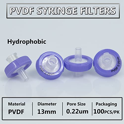 Image of Syringe Filters PVDF Hydrophobic Filtration 0.22um Micron Pore Size 13mm Membrane Diameter Lab PVDF Membrane Disc Non-Sterile by Labfil, Pack of 100