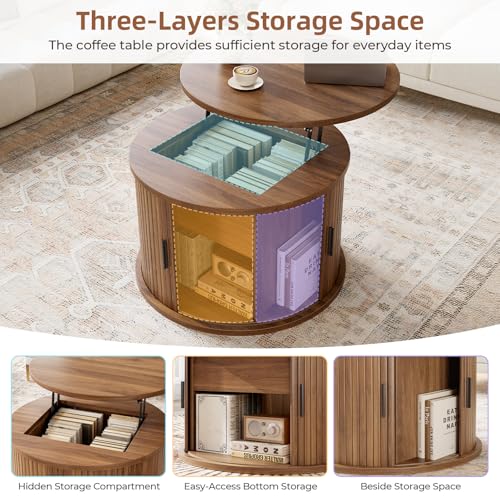 Round Lift Top Coffee Table, 23.6" Fluted Drum Coffee Table with Large Hidden Storage for Living Room, Center Table with Sliding Rolling Door for Small Spaces, Apartment, Home Office, Brown - Image 6