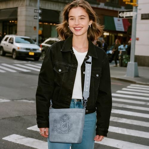 Image of Crossbody Purses for Women, Trendy Embossed Vegan Leather Bucket Bag, Travel Shoulder Handbag with 2 Detachable Straps